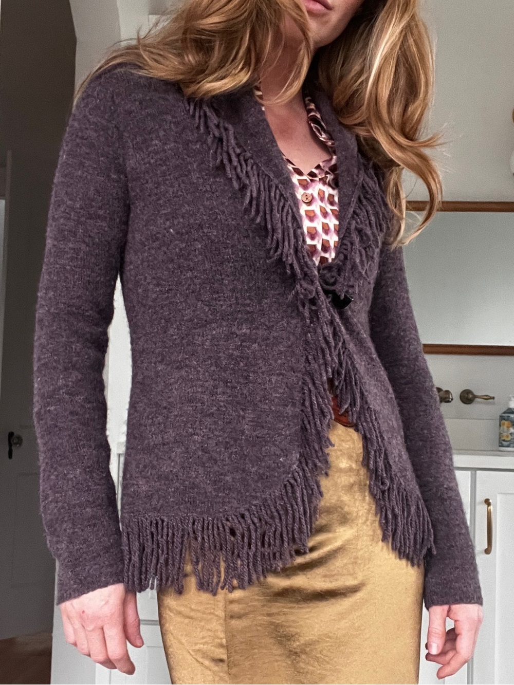 Susan Bristol Plum Fringe Open-Front Cardigan